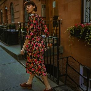 Whimsical Floral 1980s Peplum Belted Dress